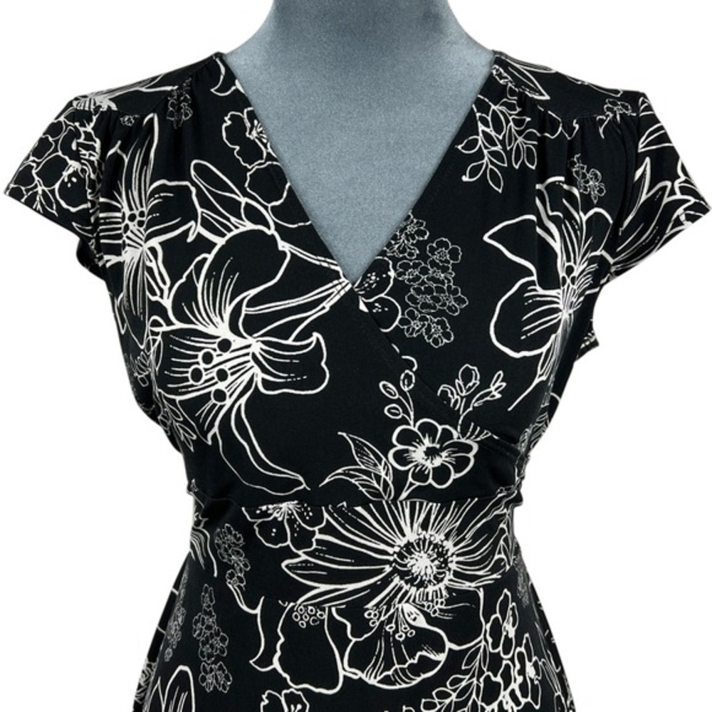 Vintage Y2K Floral Mock Wrap Midi Dress 11/12 Black White Tie Back‎ Empire Waist - Picture 4 of 8